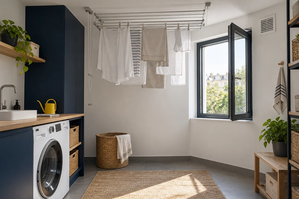 Illustration éditoriale pour Sécher le linge à l’intérieur sans laisser l’humidité s’installer
