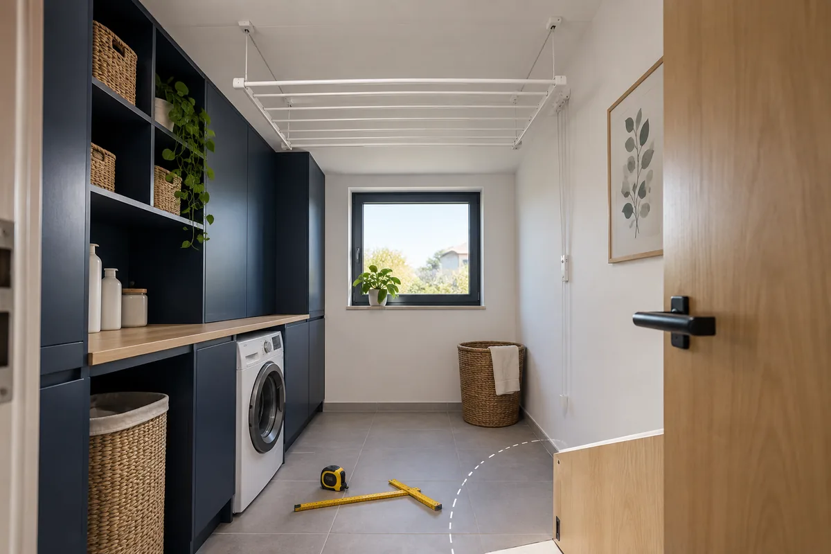 Illustration éditoriale du guide Choisir un étendoir à linge de plafond sans se tromper de système